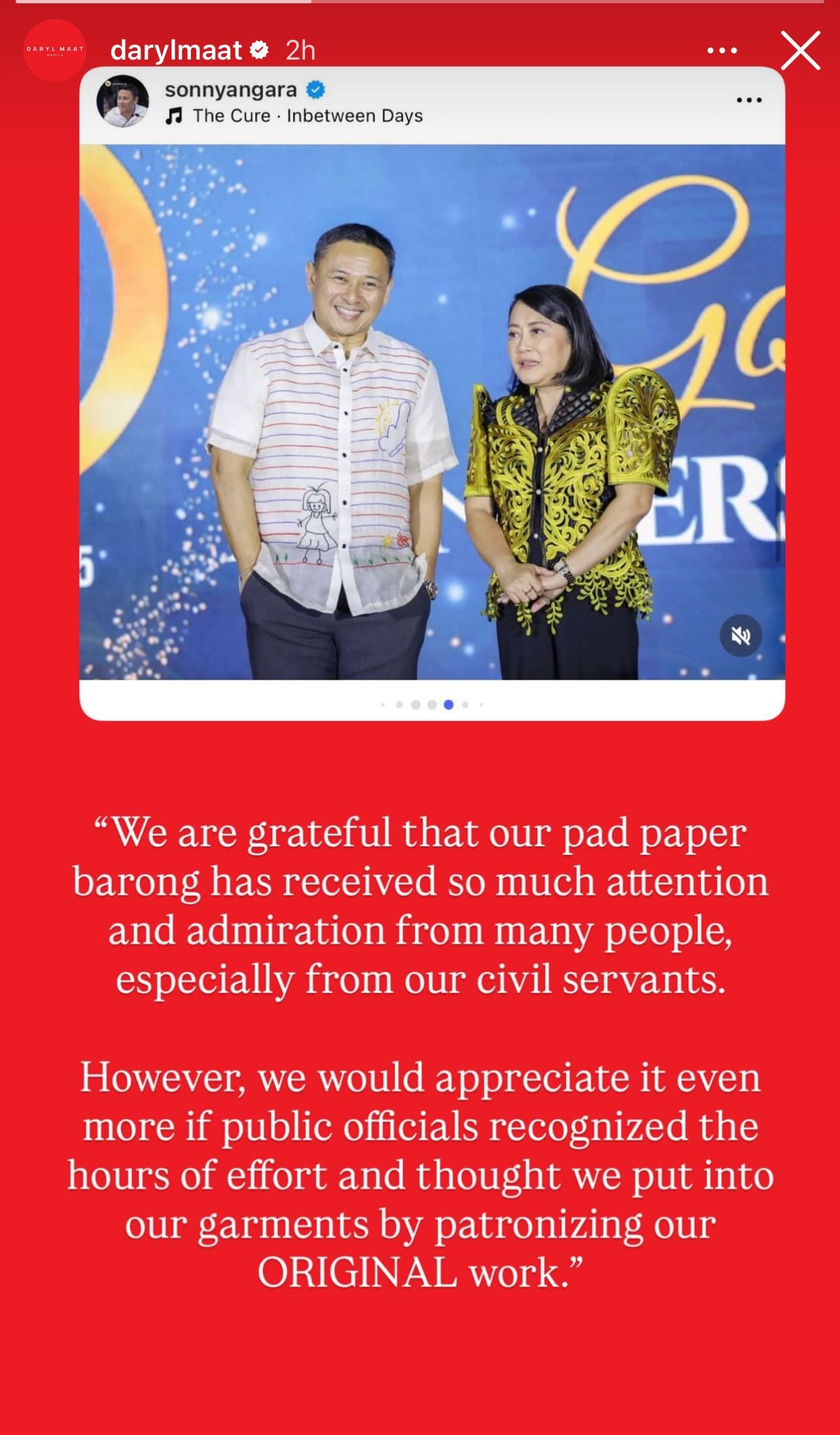 Daryl Maat on Sonny Angara wearing fake pad paper barong